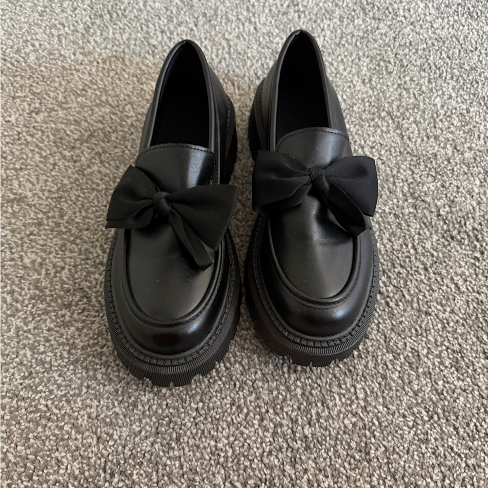 Black Bow Loafers - Chunky Sole Slip-Ons